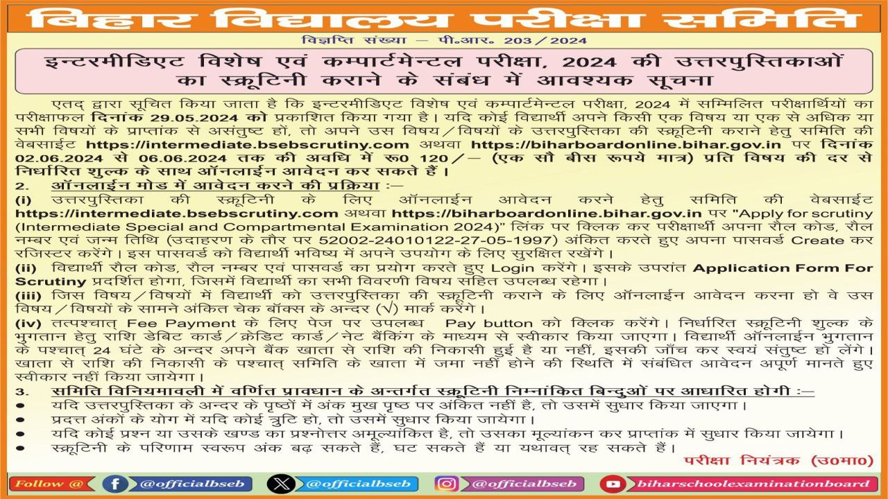 Bihar Board 12th Compartmental and Special Result Scrutiny 2024